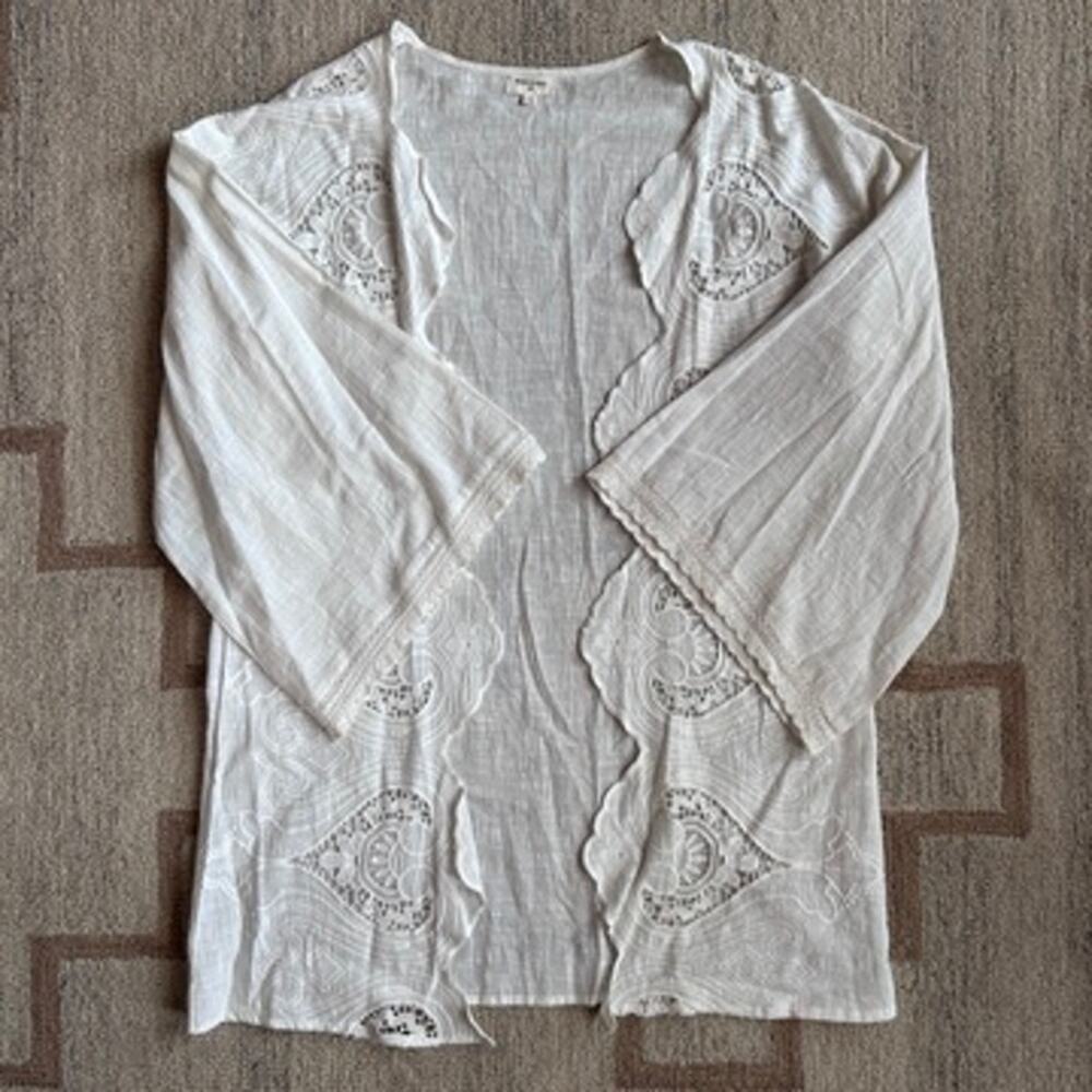Cotton Embroidered Kimono Duster Crochet Lace Ivory Boho Coastal Resort L XL
